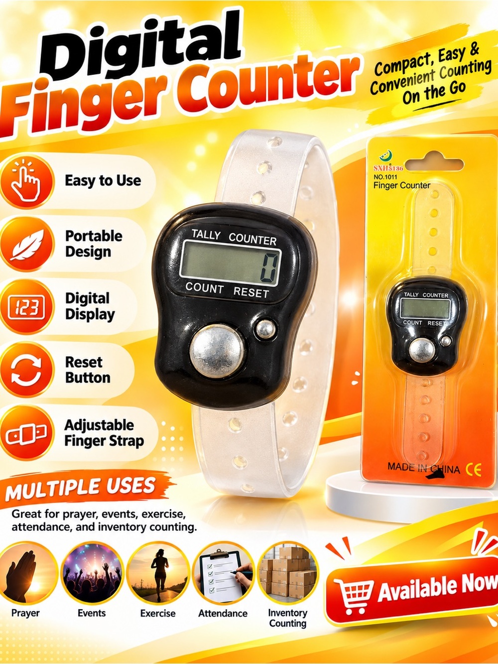 Black Digital Tally Finger Counter with Clear Adjustable Strap